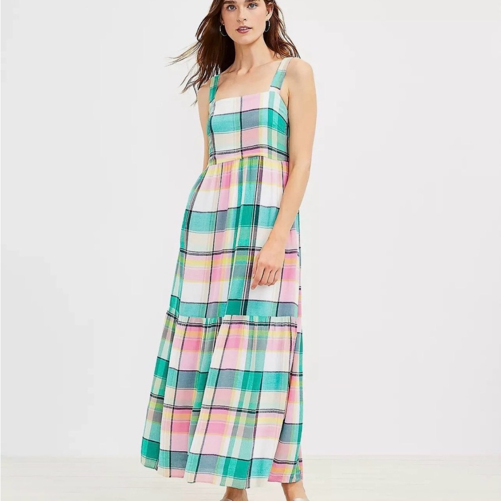 LOFT Plaid Tiered Maxi Dress — Teal & Pink